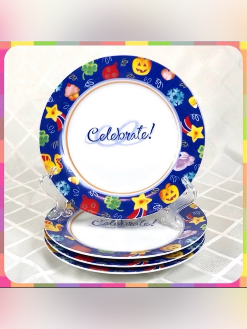 NEW 4 Pc Avery 8” BIRTHDAY PARTY DESSERT PLATE SET Holiday Event Ceramic Dishes